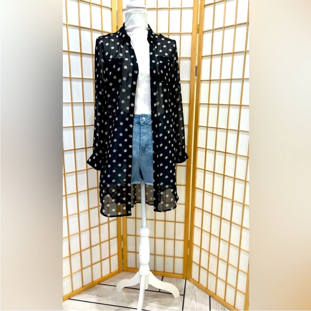 Black Sheer Polka Dot Long Shirt